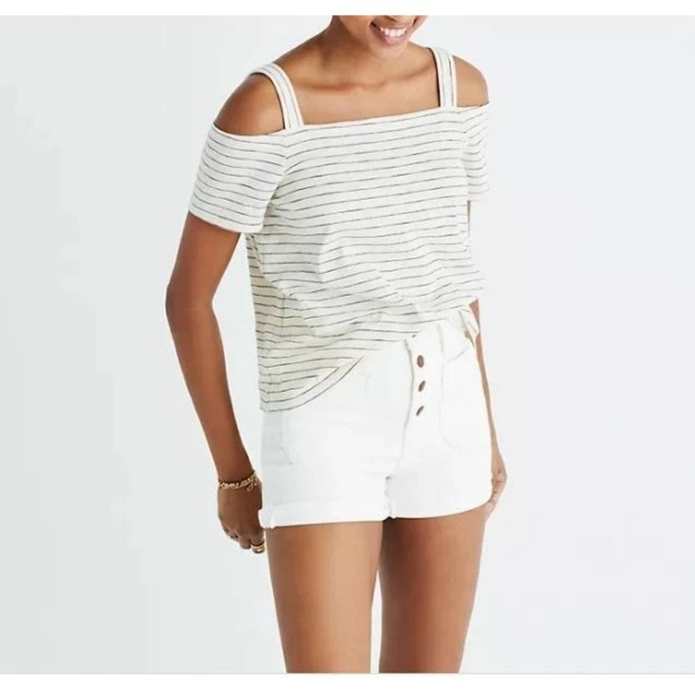 Madewell Women's Cold Shoulder Top XXS Short Sleeve Bellamy Stripe Ivory Boho